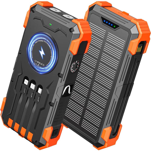 42800Mah Solar Charger Power Bank with 4 Cables, 15W Fast Charging Portable Charger for Cell Phone, Wireless Charger Solar Battery Pack with Dual Flashlights, Carabiner